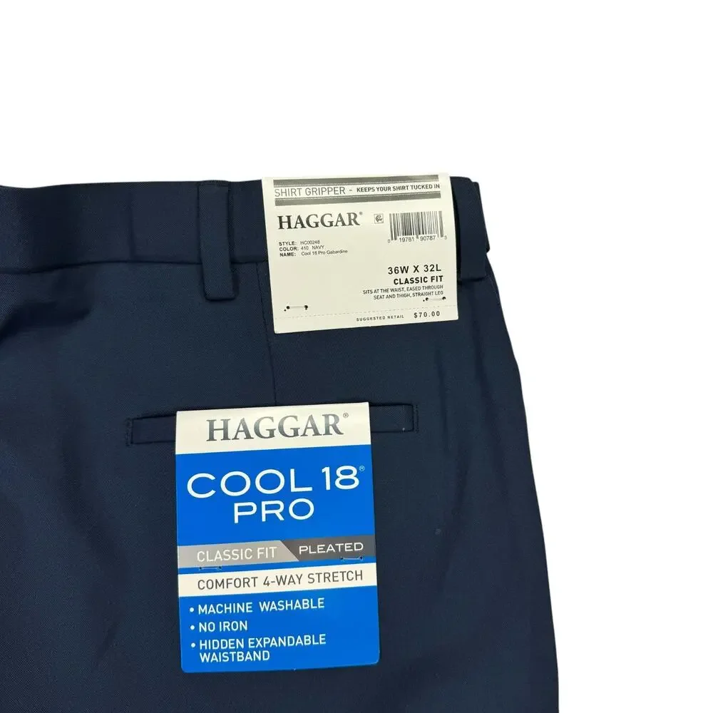 Haggar Mens Cool 18 Pro Classic Fit Pleated Stretch Dress Pants Navy Blue 36x32